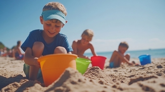 Children playing joyfully on sunny beach  building sandcastles