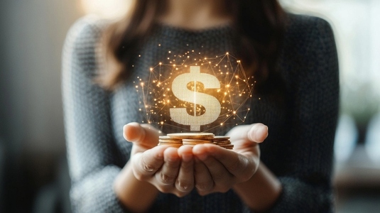 person holding glowing dollar symbol above coins  symbolizing financial growth