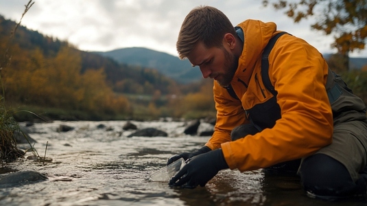 Biologist testing river water in autumn landscape  focused and serene