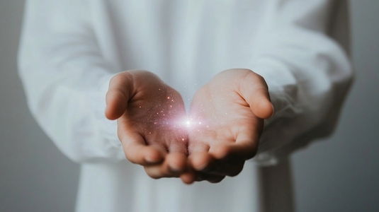 Hands gently cradle sparkly magic aura  creating mystical atmosphere