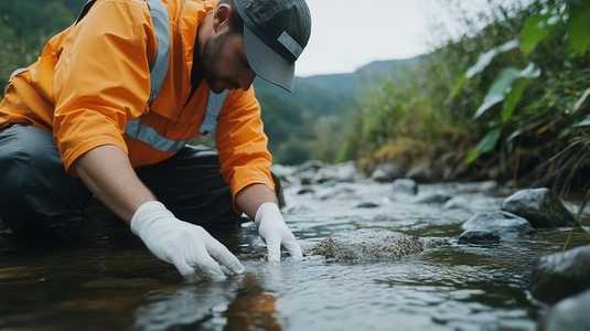 biologist in orange jacket tests river water  focused and careful