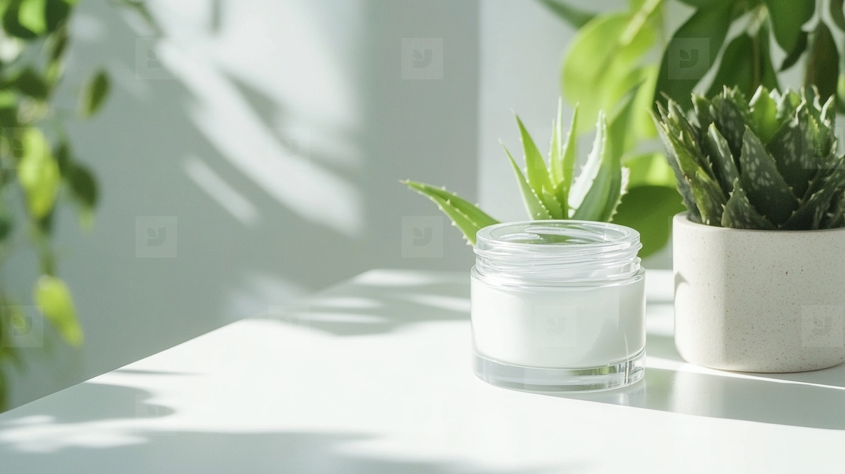 Open jar of face cream with fresh aloe vera and plants on white table