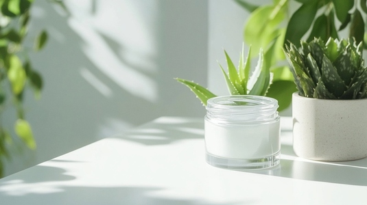 Open jar of face cream with fresh aloe vera and plants on white table