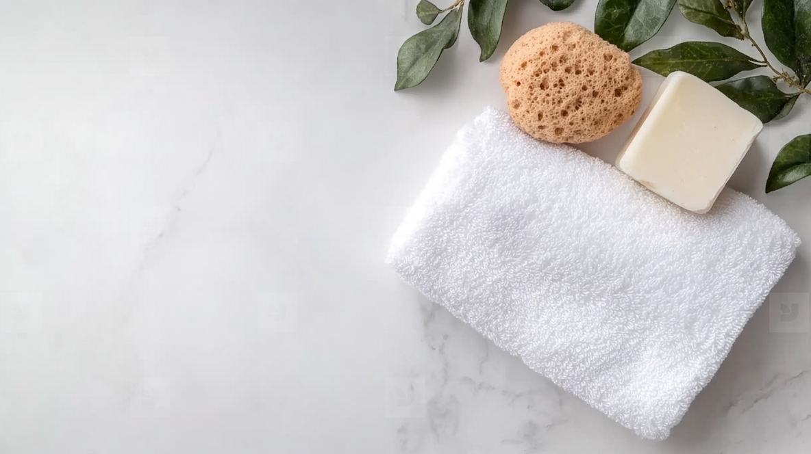 Neatly folded white bath towel with bar soap and sponge on marble surface