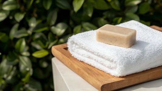 Neatly folded white bath towel with bar soap on wooden tray outdoors