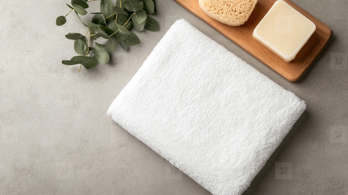 Neatly folded white bath towel with bar soap and sponge on wooden tray
