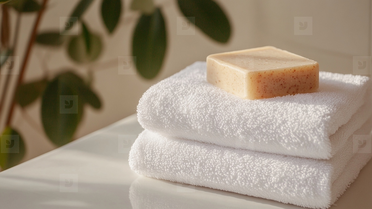 Neatly folded white bath towel with bar soap on top  in serene setting