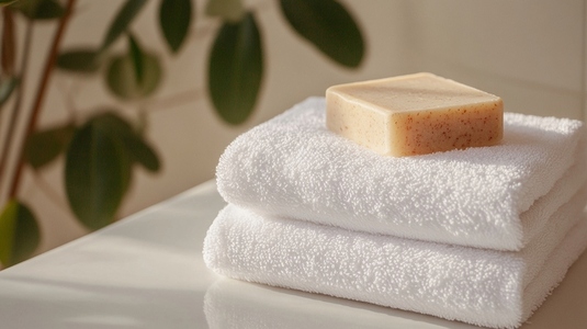 Neatly folded white bath towel with bar soap on top  in serene setting