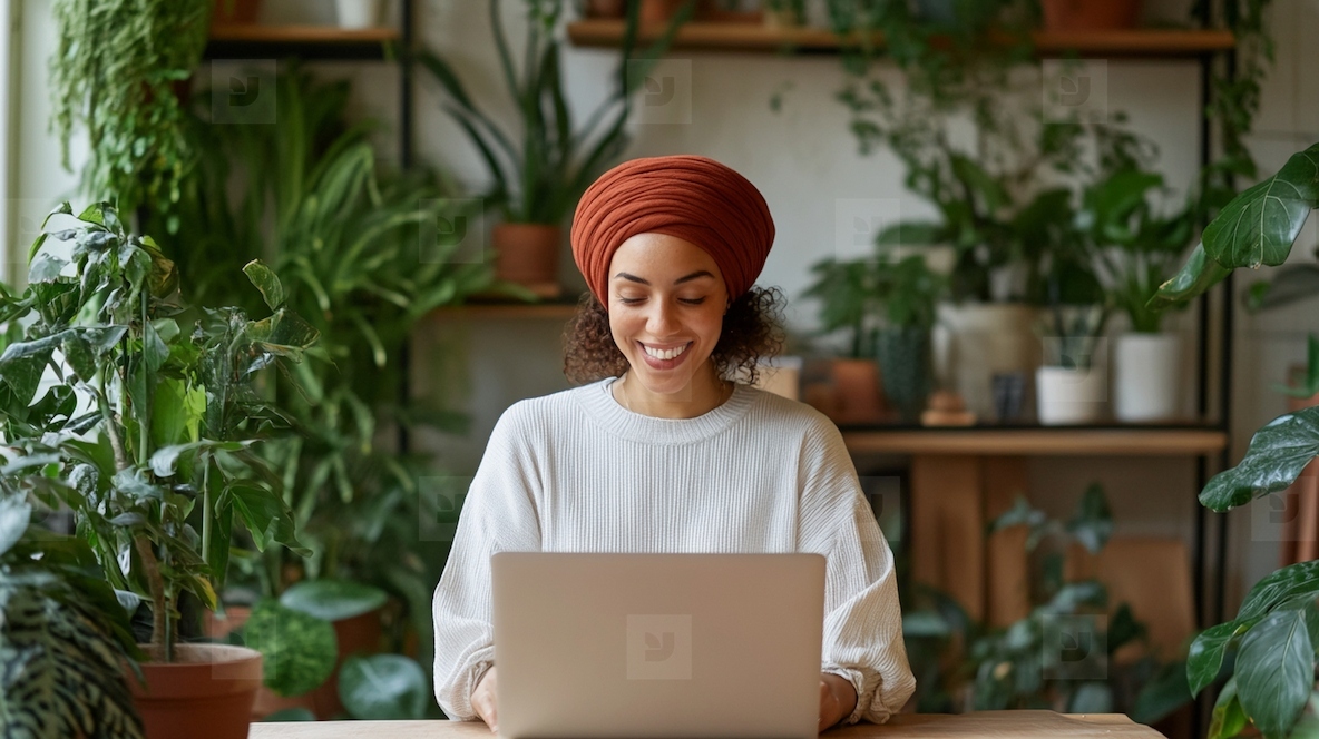 Smiling woman in cozy cafe using laptop surrounded by plants