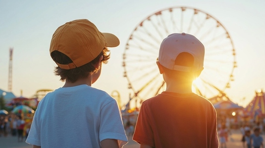Two children enjoy sunset view of Ferris wheel at amusement park