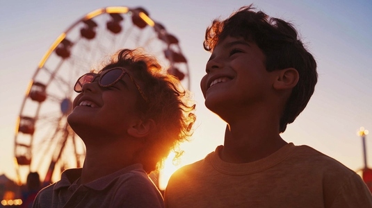 Children enjoying sunset at fairground with Ferris wheel