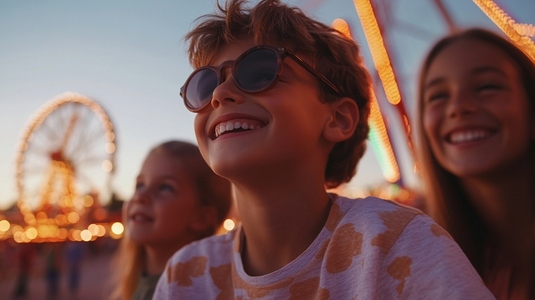 Smiling children enjoy vibrant evening at fairground