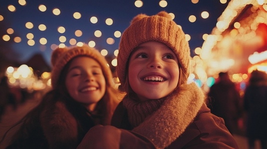 Children enjoying festive lights at night  smiling warmly