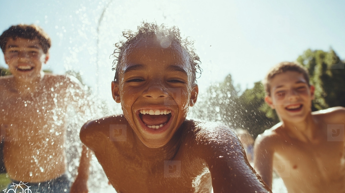 Group of friends joyfully running through sprinklers on sunny day