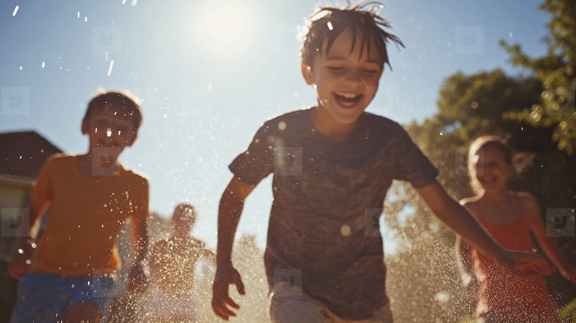 Kids joyfully run through sprinklers on sunny day