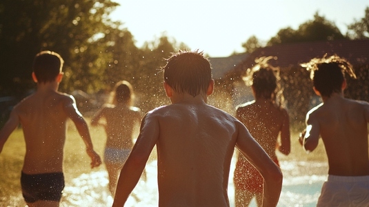 Children running joyfully through sprinklers in sunlit park