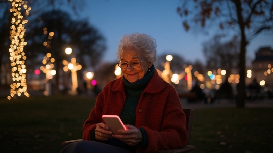Elderly woman smiling while using smartphone outdoors at night