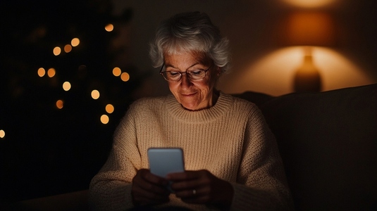 Elderly woman using smartphone in cozy room with warm lighting