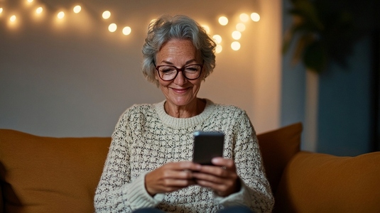 Elderly woman smiling while using smartphone on cozy sofa