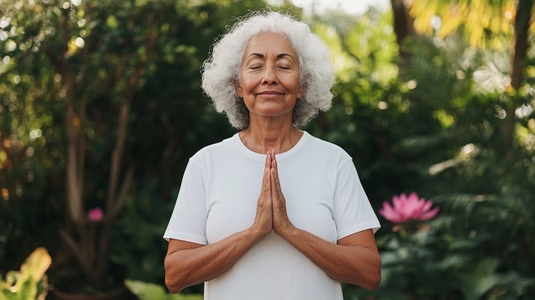 Elderly woman practicing yoga in garden  serene expression