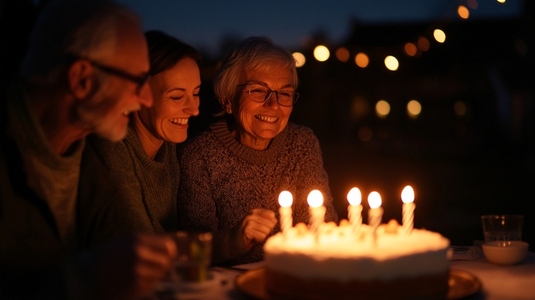 Elderly woman celebrating birthday with family  joyful evening
