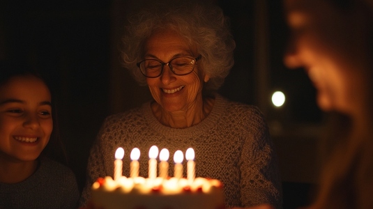Elderly woman joyfully celebrating birthday with family and cake