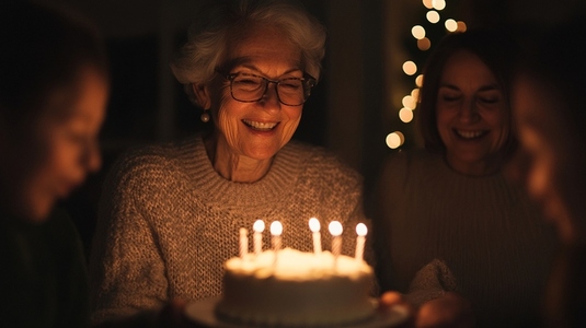 Elderly woman joyfully celebrates birthday with family and cake