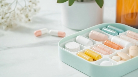 pastel tray of vitamins and supplements on marble surface