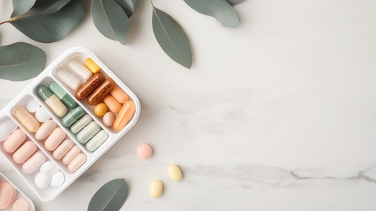 variety of vitamins and supplements in tray on marble surface