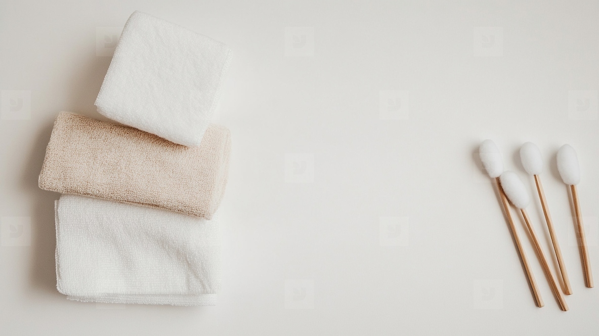 Soft towels and cotton swabs on white background