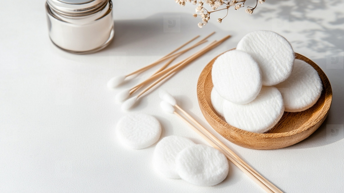 Cotton swabs and pads on wooden tray with jar nearby