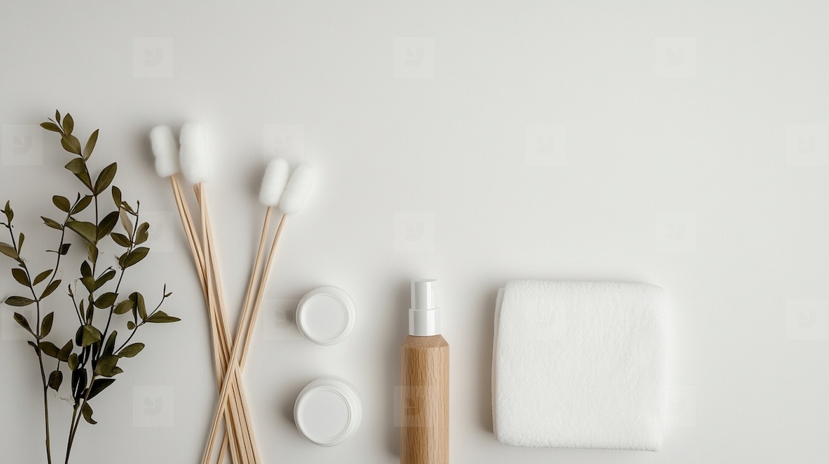 Cotton swabs and facial pads with lotion bottle on white background