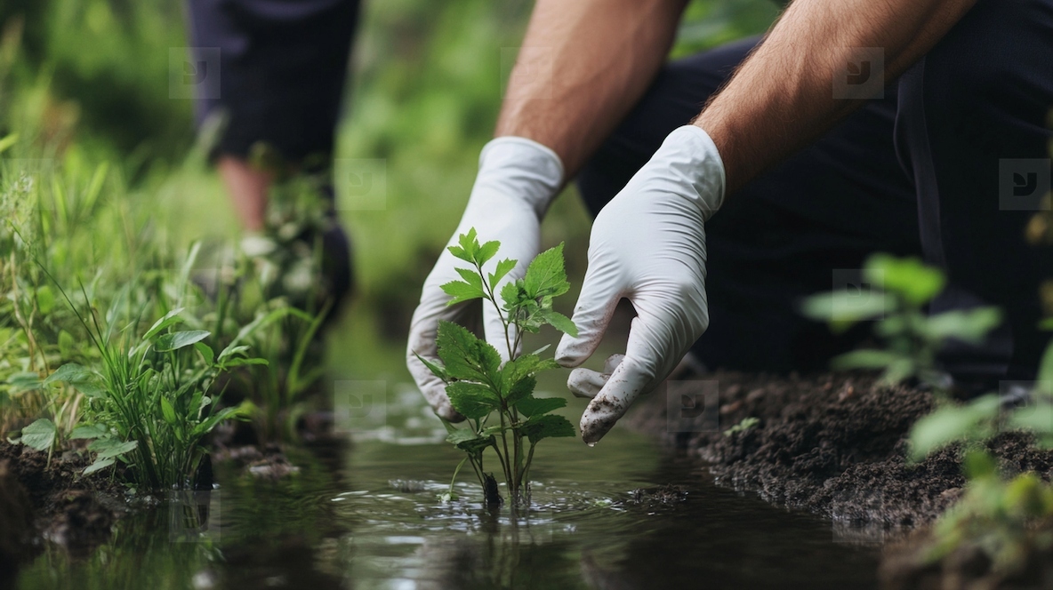Hands in gloves gently planting small tree in soil by stream
