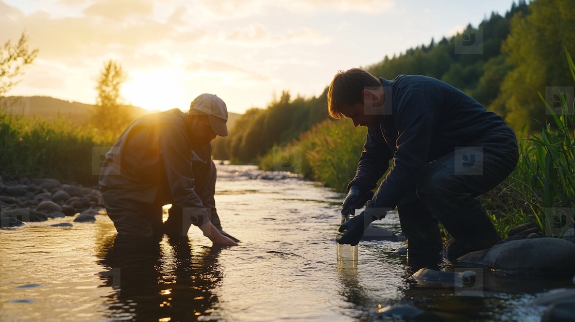 Scientists collecting water samples in serene river at sunset