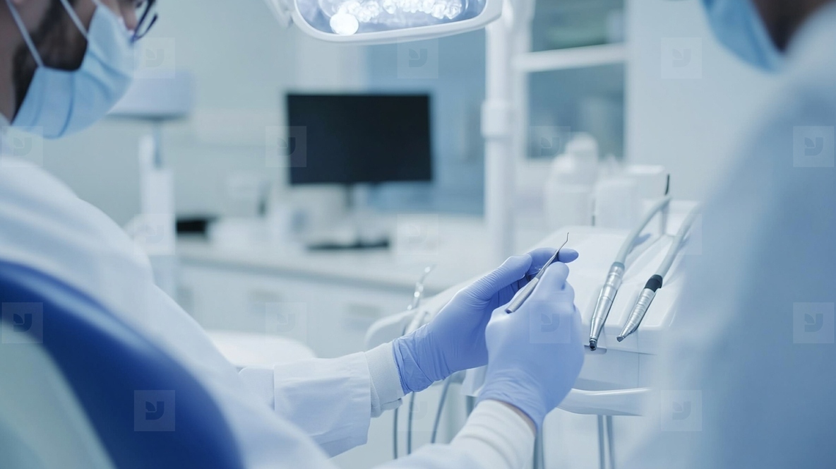 Dentist in gloves preparing tools in modern clinic setting
