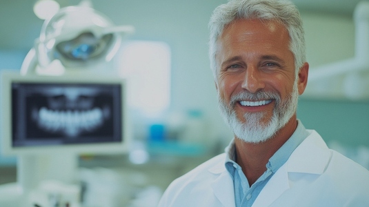 smiling dentist in clinic with dental equipment in background smiling dentist in clinic with dental equipment in background