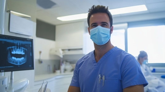 dentist in blue scrubs smiles confidently in modern dental clinic