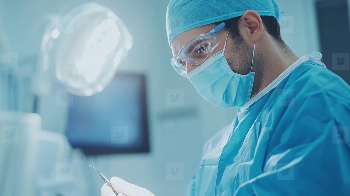 focused surgeon in blue surgical gown and mask works in bright operating room