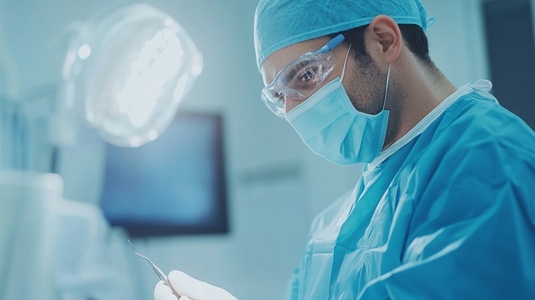 focused surgeon in blue surgical gown and mask works in bright operating room