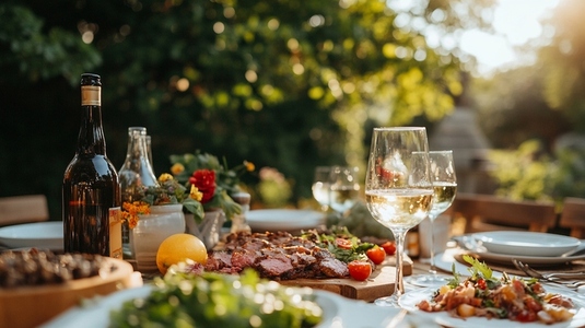Outdoor dining table set for summer feast with wine and fresh dishes
