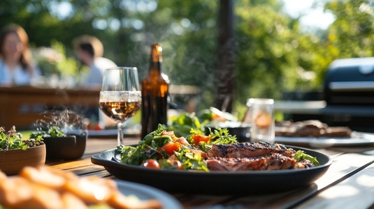 summer feast on outdoor dining table with grilled meat and salad