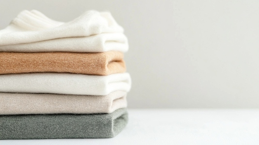 Neatly folded pastel baby clothes stacked on white surface