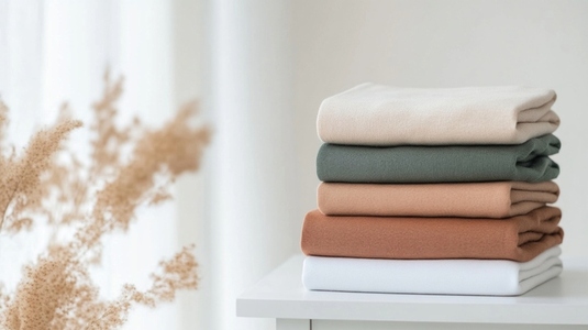 Stack of neatly folded clothes in soft pastel colors on white surface