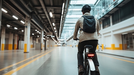 Young man confidently rides bicycle indoors  wearing helmet and backpack