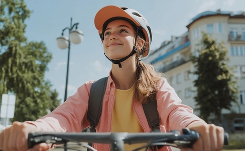 Young woman confidently rides bicycle outdoors  enjoying sunny day