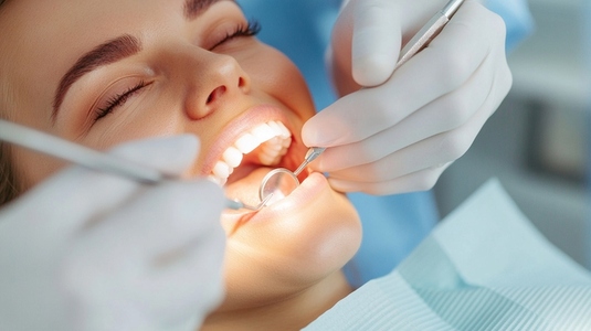 Smiling woman at dentist with dental tools in mouth Smiling woman at dentist with dental tools in mouth