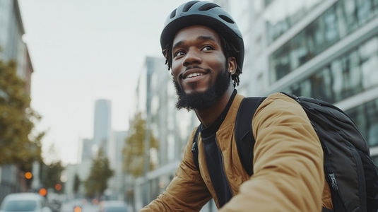 Young man confidently rides electric bike in city  smiling