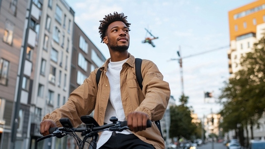 young man confidently rides electric bike in urban setting
