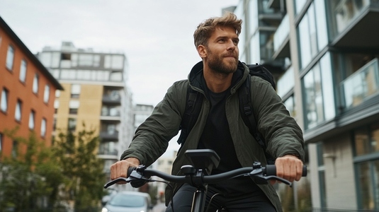 Young man confidently rides electric bike in urban setting