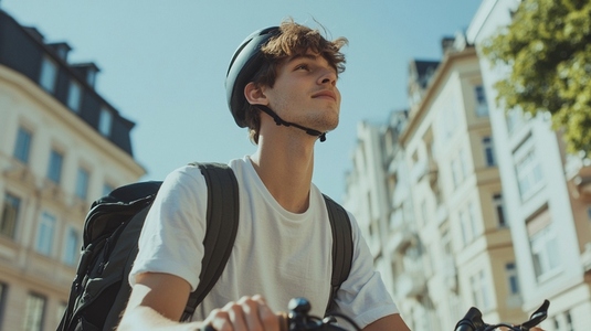 Young man confidently rides electric bike in urban setting